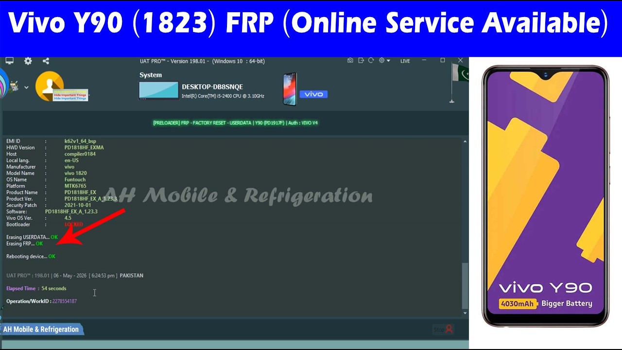 Vivo Y90 (1823) Password & FRP Bypass UAT Unlock Tool (Online Service Available)