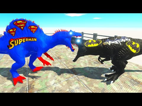 SUPERMAN SPINOSAURUS VS FLASH, BATMAN T REX  DEATH FALL - Animal Revolt Battle Simulator