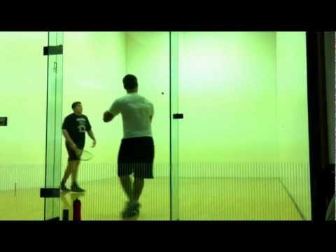 racquet ball (big man falls down at end)