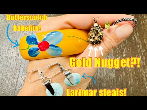 Gold nugget?! Buttery Bakelight! Larimar & Peridot! Goodwill Bluebox Mystery Jewelry Unboxing PT. 1