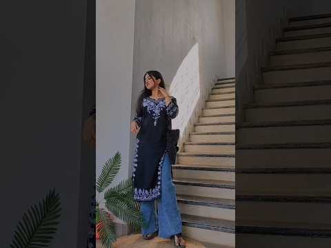 Black&white kurta + blue jeans #collegeoutfits #youtubeshorts #meeshokurta