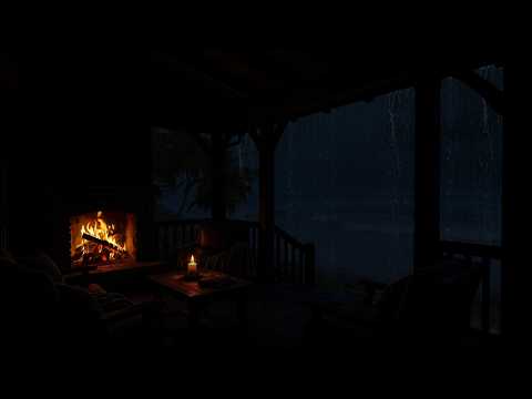Stormy Seaside Porch at Night (No Ads) ⛈ Sleep in Minutes | Ocean Rain, Thunder & Fireplace Ambience