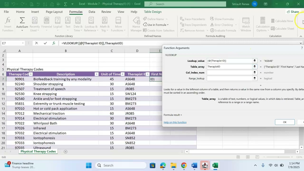 Excel - Physical Therapy VLookup