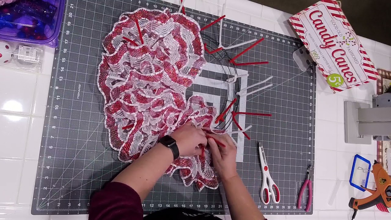 How to Make a Deco Mesh Candy Cane Christmas Wreath Making Tutorial