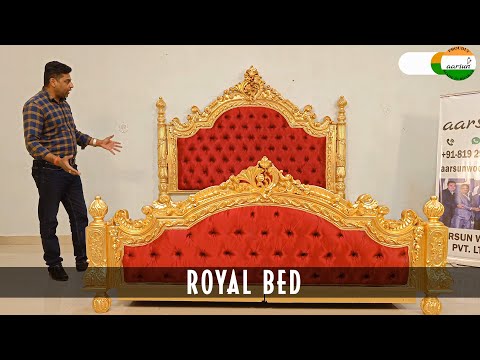 King size teak wood gold leafing luxury bed, with storage