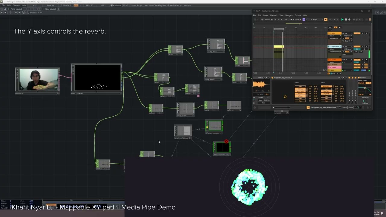 Activity 2 extended: Mappable XY pad driven by hand position in 2D space. X axis controls stereo panning and Y axis controls reverb wet/dry mix.<div class='container'><iframe class='responsive-iframe' src='https://www.youtube.com/embed/jL7lTjyt3Jk'></iframe></div>