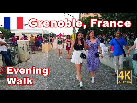 Grenoble, France 🇫🇷 4K Walk. Summer Evening Walk nightlife (bars, restaurants)