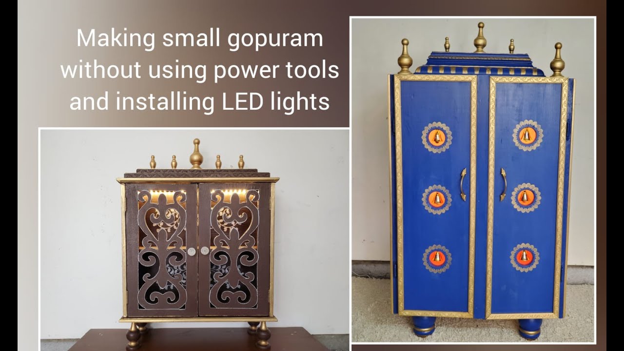 DIY wall hanging pooja cabinet, making of simple gopuram and installing LED lights