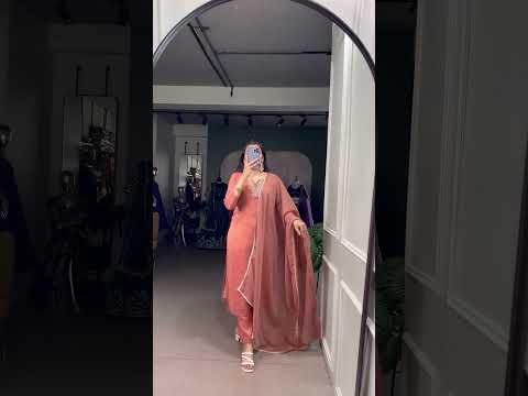 Peach Viscose Tissue Handworked Kurti Set with Organza Dupatta