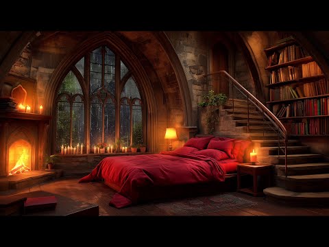 Nighttime Thunderstorm Haven: Secret Castle Room Ambience with Fireplace and Rain Sounds
