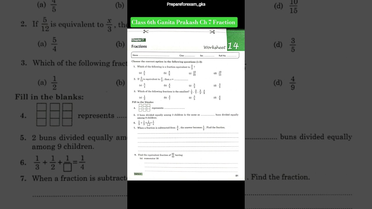 Ch 7 || Fraction || Class 6th Ganita Prakash|| Worksheet #prepareforexam_gks #mathematics