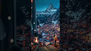 Mountains, northern lights view from the window by candlelight