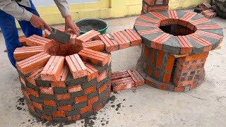 Building Ideas Beautiful Outdoor Round Stove Combined With Unique Table For Garden From Red Bricks