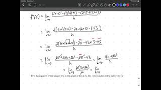 Find slope and equation of tangent line using limit definition of derivative at a given point.