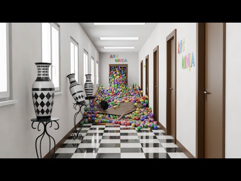 Balls in the corridor, Blender Animation, rigid body simulation, physics