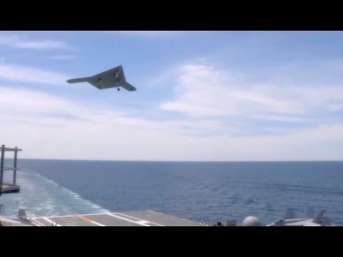 US Military X-47B Drone. Take Off and Fly By.