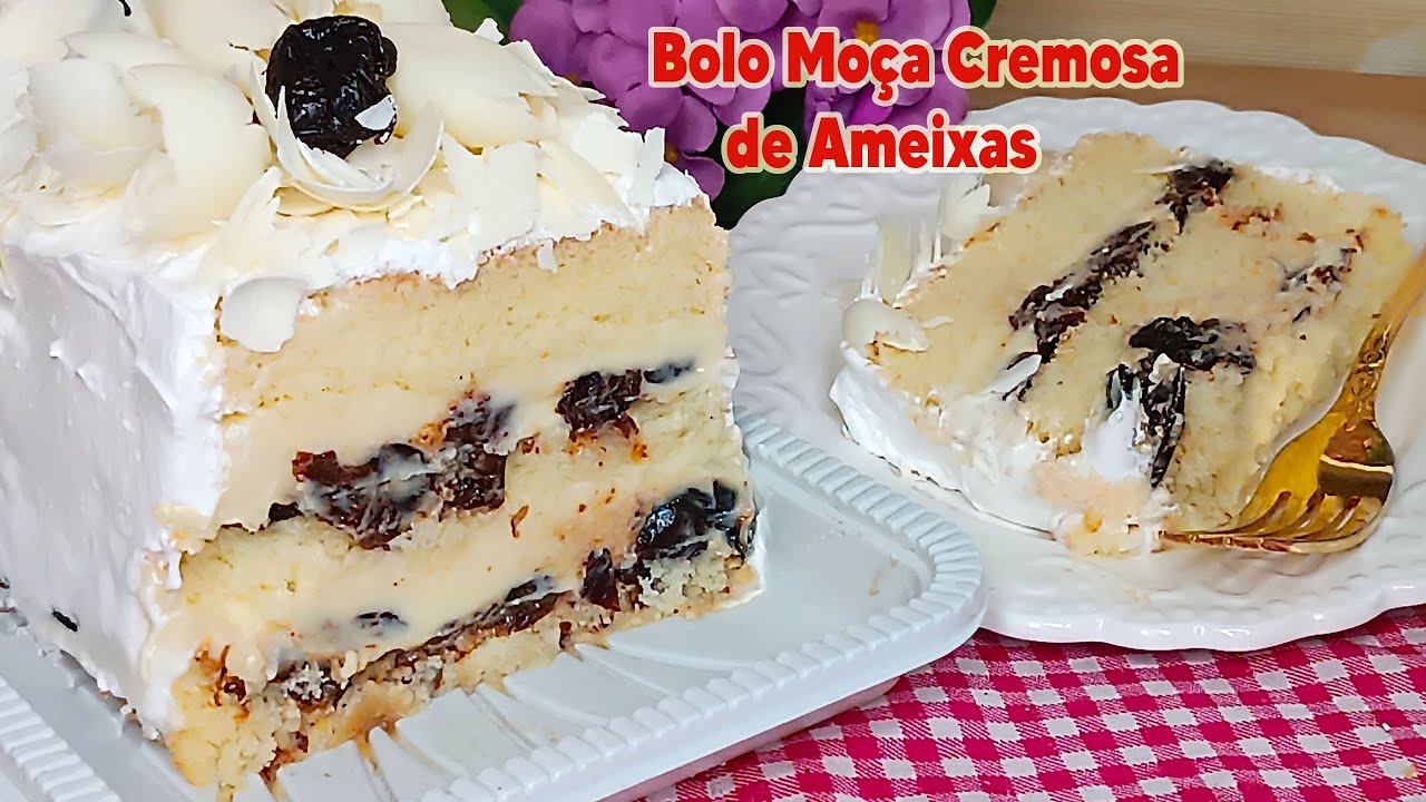 BOLO MOÇA CREMOSA DE AMEIXAS -  Fofo, recheio cremoso e deliciosa cobertura de merengue!