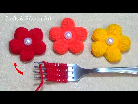 Amazing Woolen Flower Making Ideas with Fork - Hand Embroidery Easy Trick - DIY Yarn Flowers
