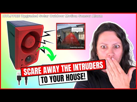 HULPPRE Solar Outdoor Motion Sensor Alarm-13 Sounds Including Dog Barking&Gunshot,130db Loud Noise Maker,4 Modes,Motion Activated Strobe Light,Say Goodbye to the intruders video review thumbnail