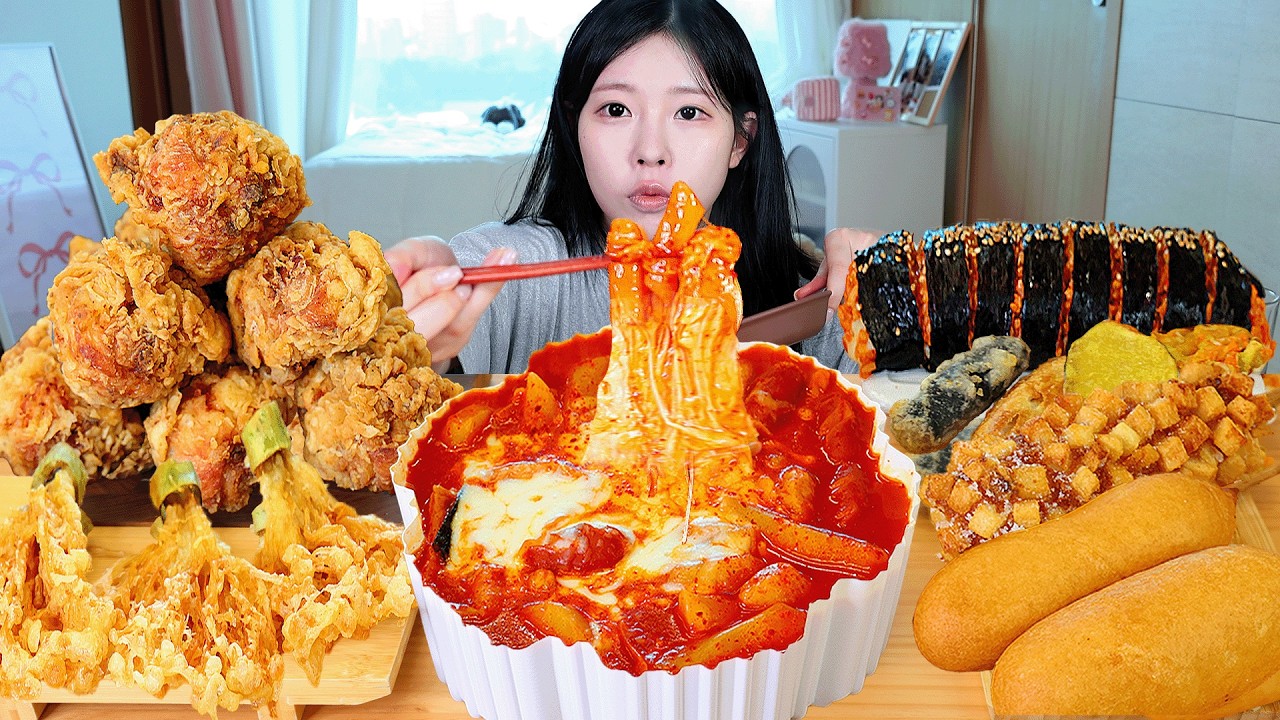 ASMR MUKBANG| 엽기 떡볶이 후라이드 치킨 김밥 먹방 & 레시피 FRIED CHICKEN AND Tteokbokki EATING