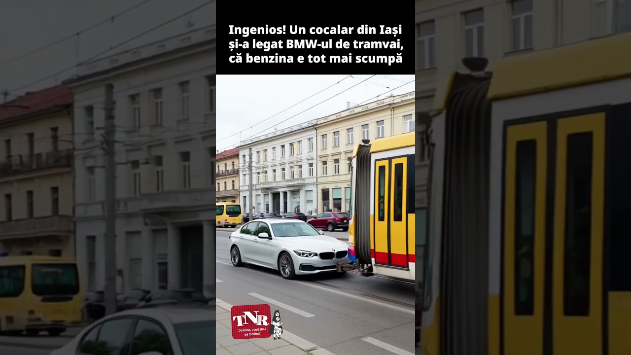 Ingenios! Un cocalar s-a legat cu BMW-ul de tramvai, că benzina e prea scumpă
