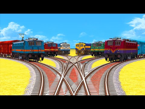 6 COLORFUL TRAINS CROSSING AT SIX LINE FORKED BRANCHED RAILROAD TRACK #3 | Train Simulator 2022