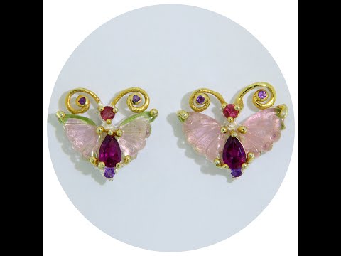 Cercei Stud Argint 925 Accente Aurite Turmalina Watermelon Rodolit Ametist Naturale Fluturi in zbor