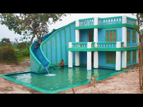 Build Modern Contemporary Mud Villa  And Design Water Slide To Beautiful Underground Swimming Pool