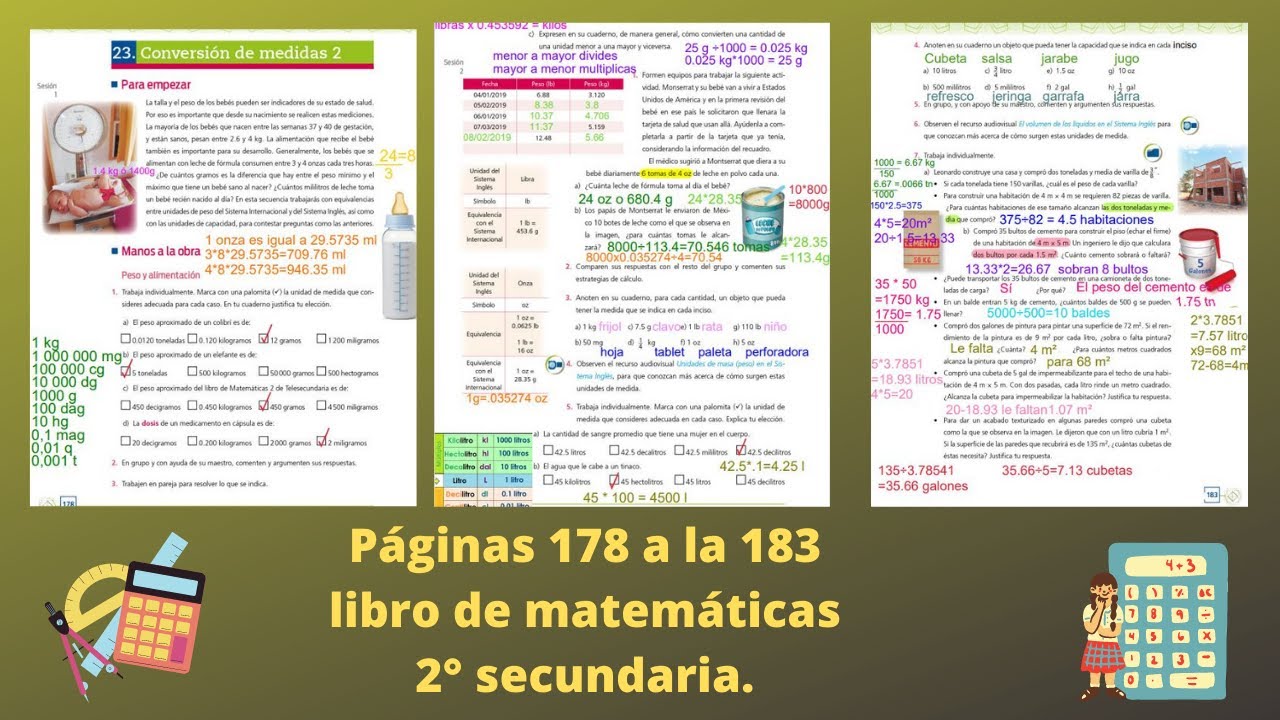 Páginas 178, 179, 180, 181, 182 y 183 matemáticas 2° secundaria Conversión de medidas