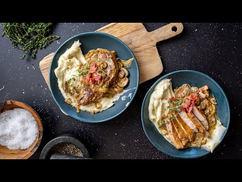 Creamy Mushroom Pork Chops and roasted garlic mash potatoes