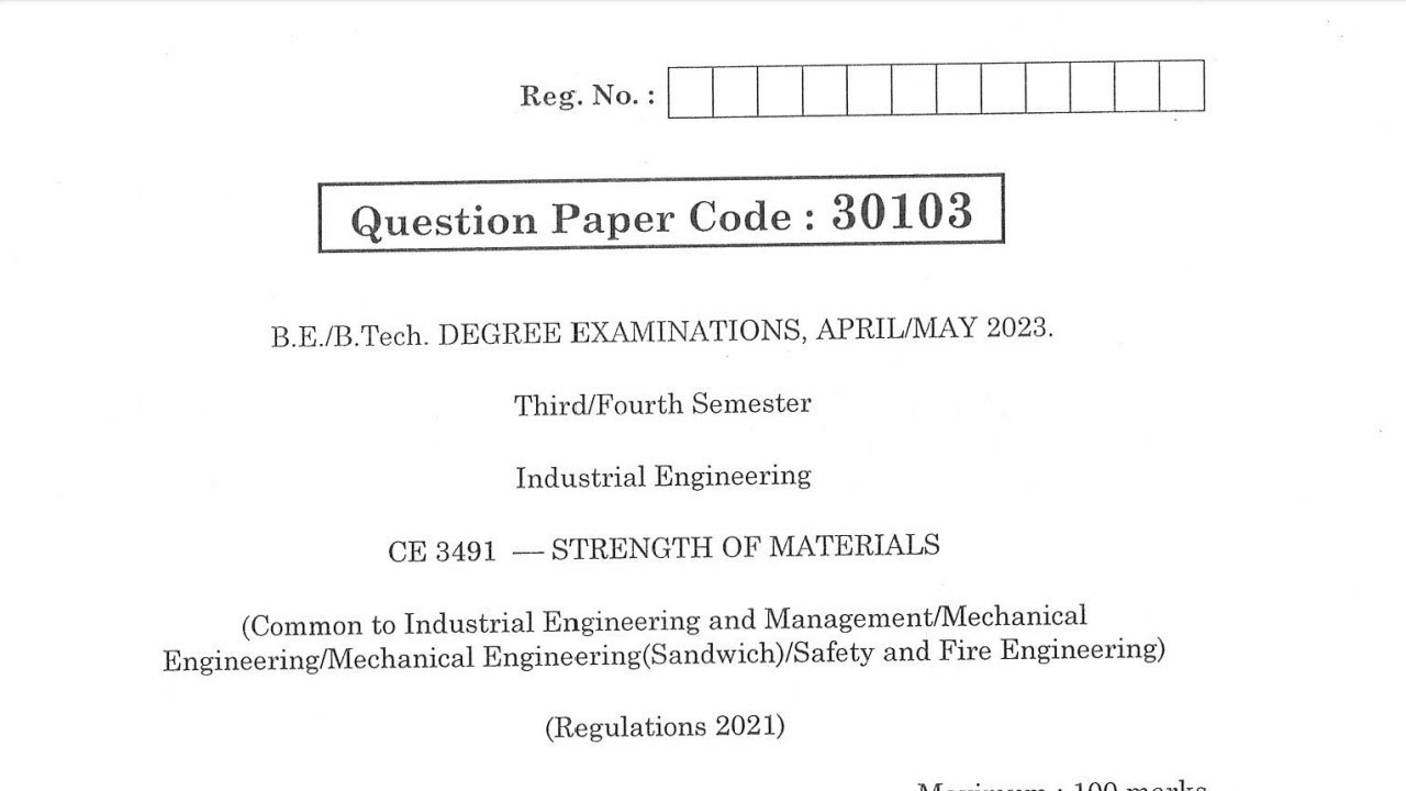 CE3491 | Strength of Materials | Apr May  2023 | Anna University | Questions