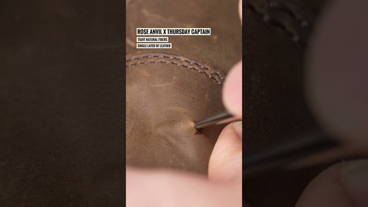 Real vs fake leather scratch test on the Rose Anvil x Thursday Captain vs other boots. Link in bio