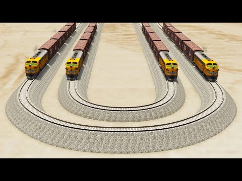 Impossible Double U Turn Rail Tracks Vs Trains Crossing - BeamNG.Drive