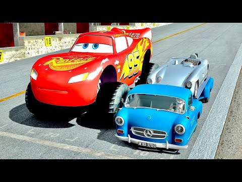 Lightning McQueen Monster Truck vs 1950 Mercedes Benz Racecar Transporter at Top Gear Track