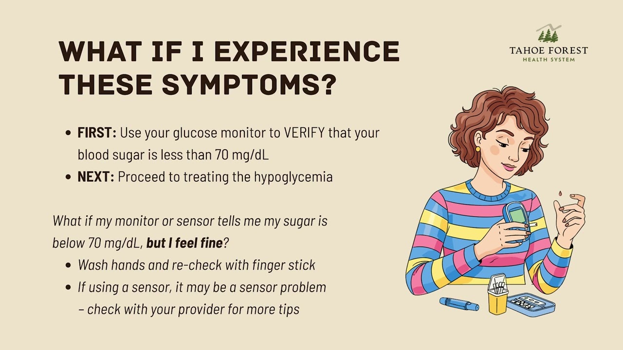 Slide with an illustration of a woman taking insulin and text about experiencing symptoms of hypoglycemia