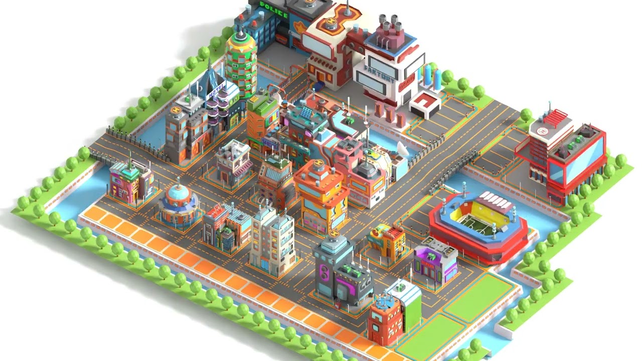 Scifi Low Poly Cartoon City 3D Model