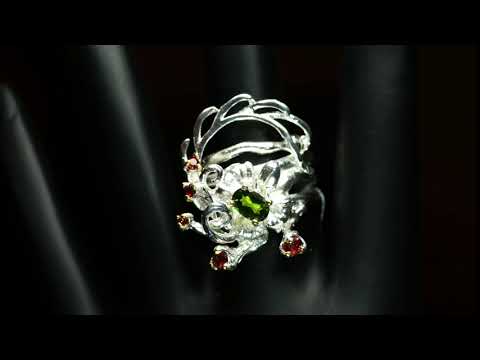 Серебряное кольцо с натуральным Хромдиопсидом и Гранатом видео