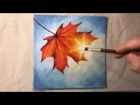 How to paint a maple leaf, clouds and sunshine. Acrylic painting. Landscape. | 16