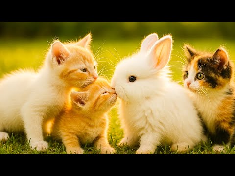 Cat and Rabbit on the Lawn - Cat meows to call rabbit