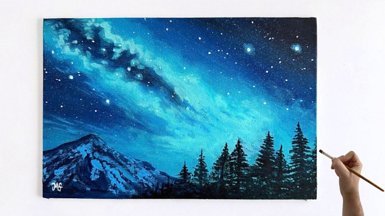 Easy Night Sky Acrylic Painting Tutorial For Beginners - Night Sky Landscape Painting