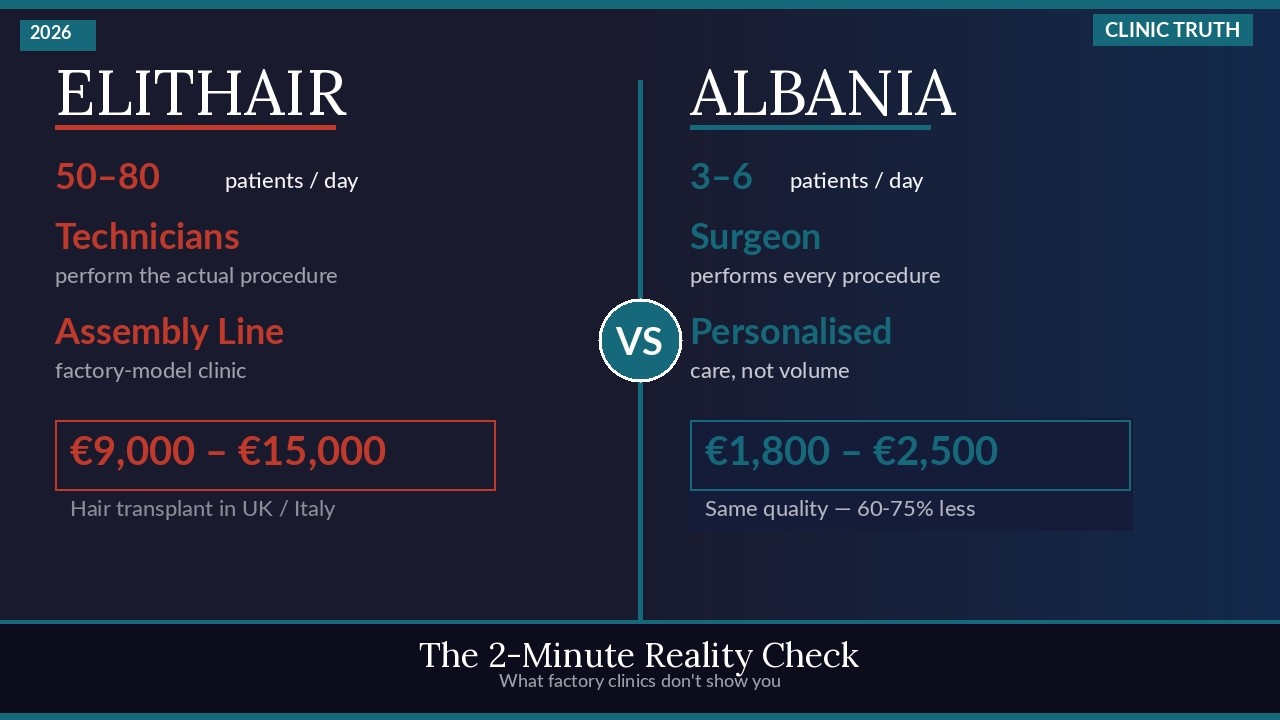 Elithair vs Albania hair transplant comparison — factory model versus surgeon-performed boutique clinic