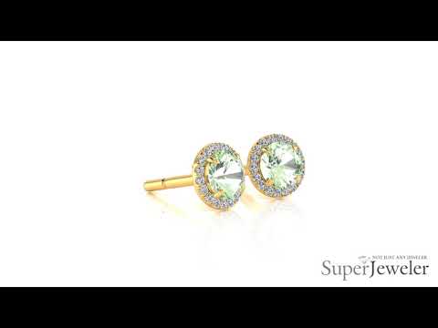 H021749 GAM14KY   Green Amethyst and Halo Diamond Earrings In 14 Karat Yellow Gold