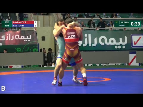 Round 1 GR - 59 kg: H. RUSTEM (TUR) df. R. BAYRAMOV (AZE) by FALL, 6-3