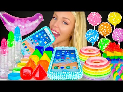 , title : 'ASMR RAINBOW DESSERT, EDIBLE IPHONE COOKIE, GEMS, LAYERED JELLO, EDIBLE STRAWS CANDY MUKBANG 먹방'