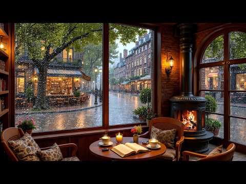 24/7 Study Café Ambience ☕ Relaxing Rain, Soft Jazz Piano & Fireplace for Work & Sleep