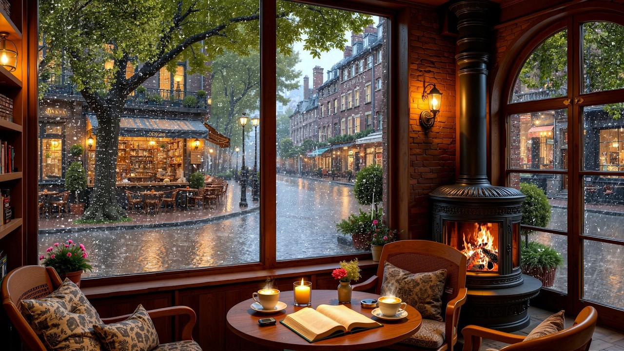 24/7 Study Café Ambience ☕ Relaxing Rain, Soft Jazz Piano & Fireplace for Work & Sleep