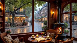 24/7 Study Café Ambience ☕ Relaxing Rain, Soft Jazz Piano & Fireplace for Work & Sleep