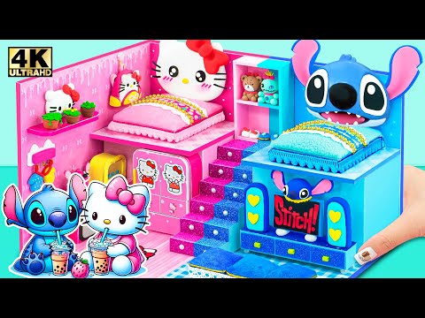 Hello Kitty & Stitch 💖💙 Make Simple House in HOT vs COLD Style from Cardboard | DIY Miniature House