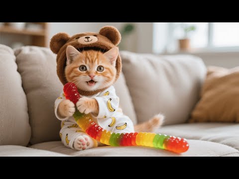 Ginger Kitten Feels Sad as Ants Eat Her Gummy Worm — Mama Cat Makes a Bigger One for He 🍬🐾