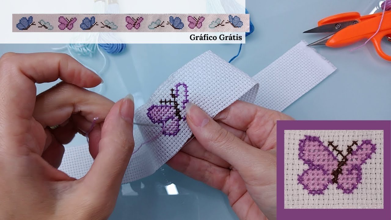 BARRADO BORBOLETAS - Ponto Cruz com gráfico grátis #aula1